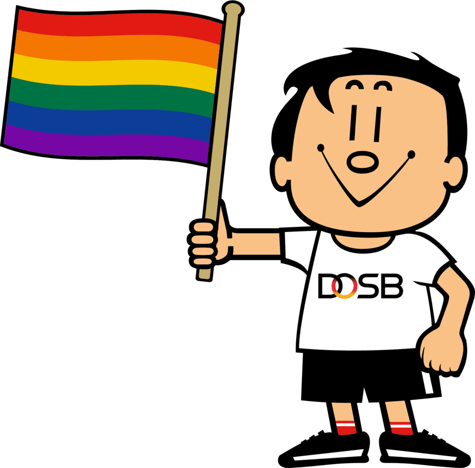 Trimmy, DOSB-Symbolfigur: Junge hält eine Regenbogenflagge hoch.